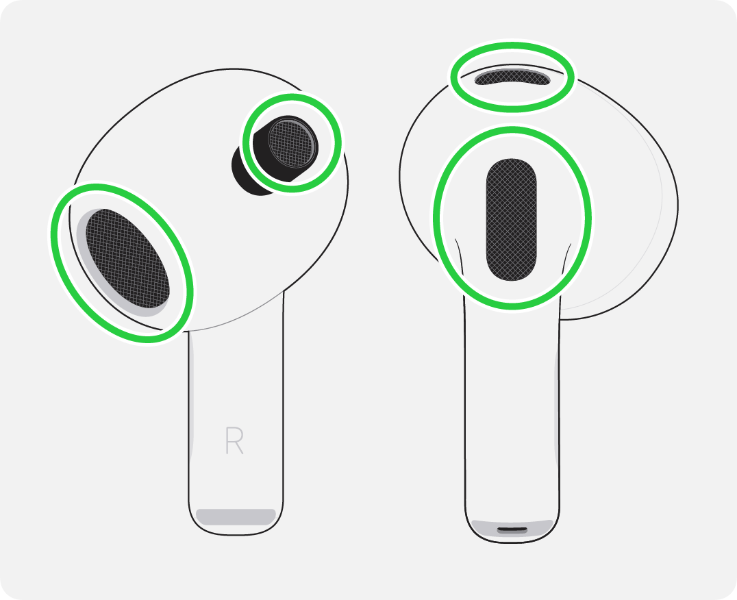 You can clean the snorkel mesh, control leak mesh, and top mic on your AirPods 3.