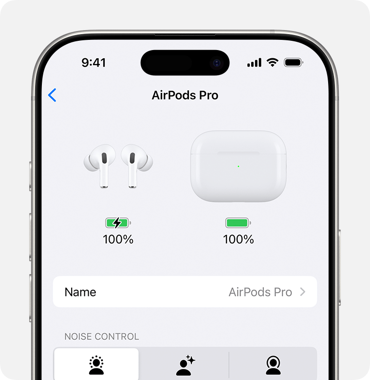 Battery levels of AirPods Pro and charging case in Settings on iPhone.