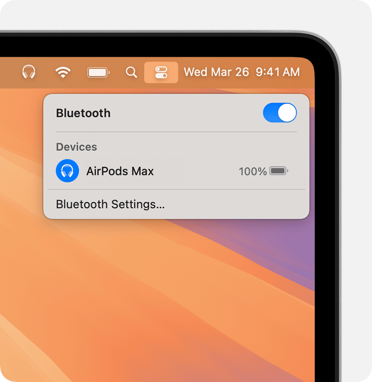 Control Centre in macOS showing AirPods Max battery level.