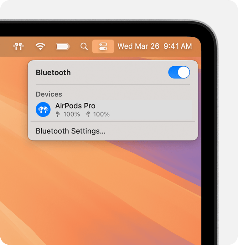 AirPods Pro battery level in Control Centre on Mac.