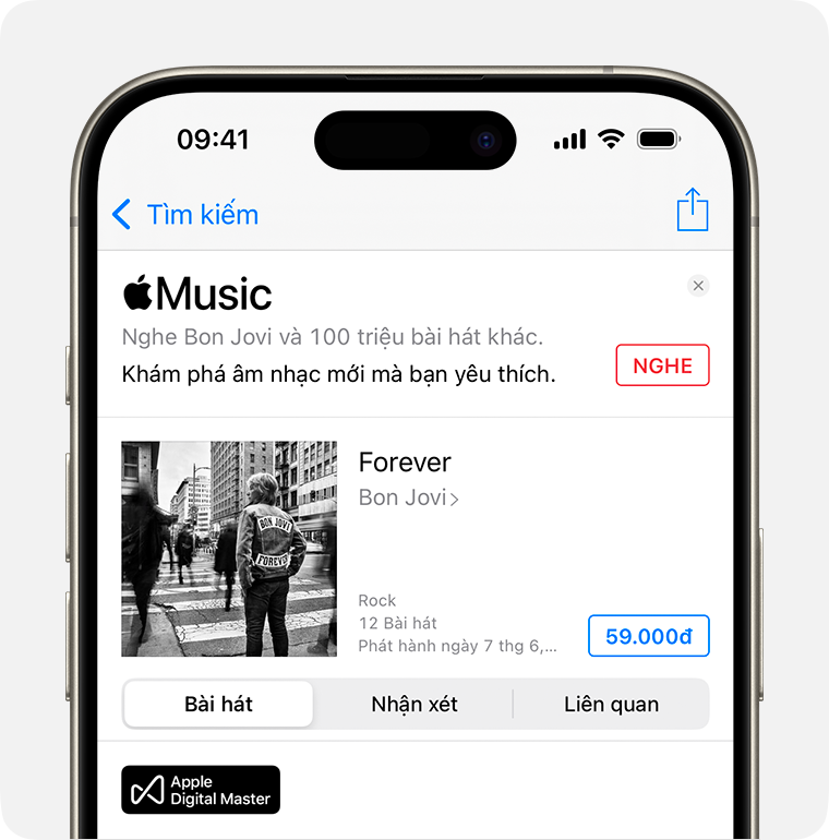 Màn hình Mua album Forever của Bon Jovi trong iTunes Store. Nút Mua nằm ở bên phải màn hình. Có giá của album trong hộp màu xanh lam. 