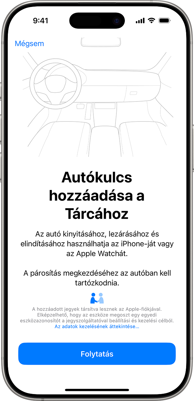 Autókulcs párosítása az iPhone Tárca alkalmazásában.