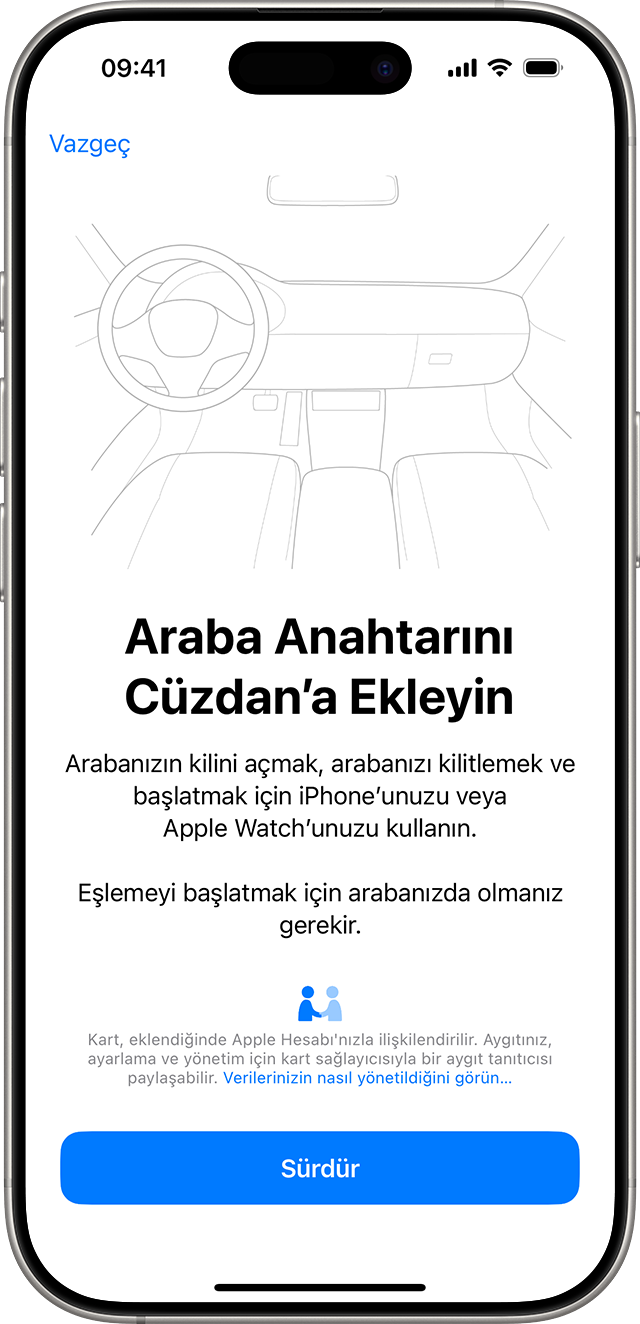 iPhone'daki Cüzdan uygulamasında araba anahtarı eşleme.