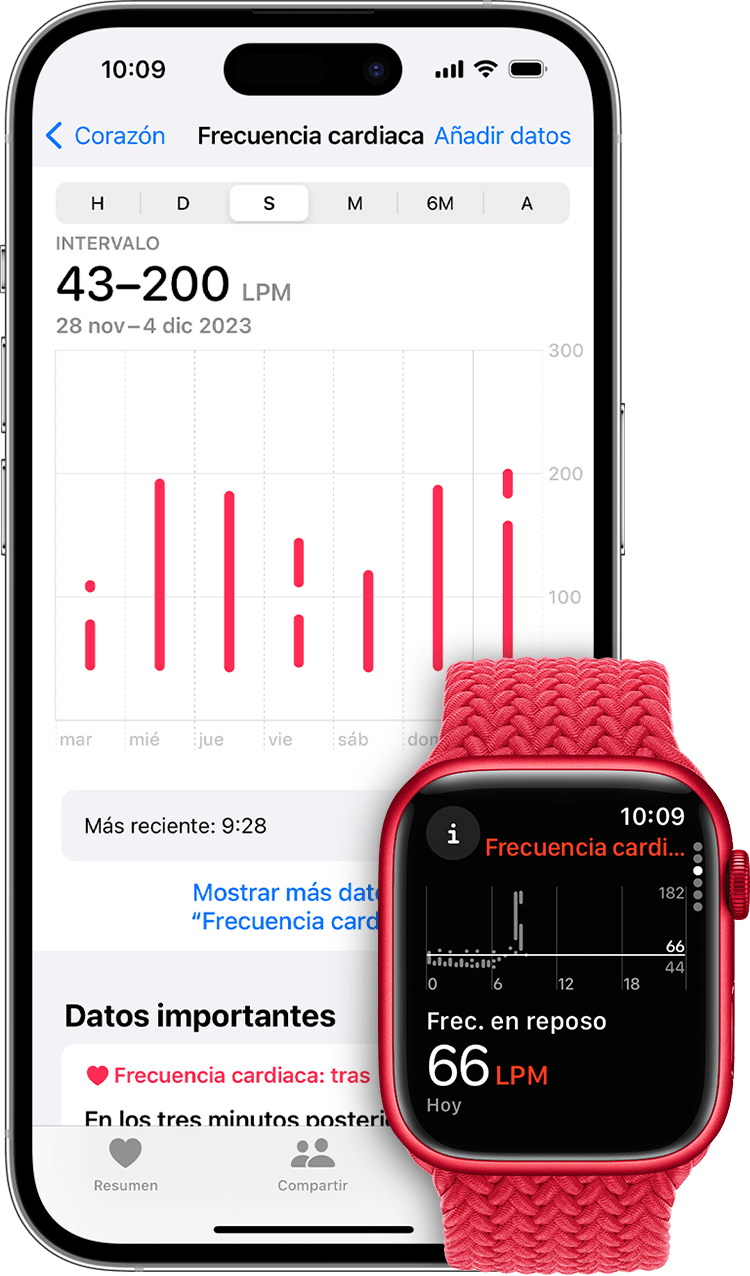 Un iPhone en el que puede verse un gráfico con los datos de frecuencia cardiaca de la semana y un Apple Watch que muestra una frecuencia en reposo de 57 latidos por minuto.