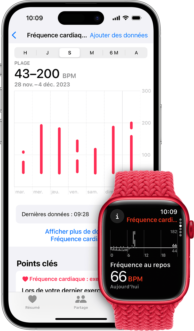 Un iPhone affichant le graphique des données hebdomadaires de fréquence cardiaque et une Apple Watch indiquant une fréquence au repos de 57 battements par minute.