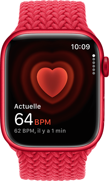Une Apple Watch indiquant une fréquence cardiaque de 54 battements par minute.