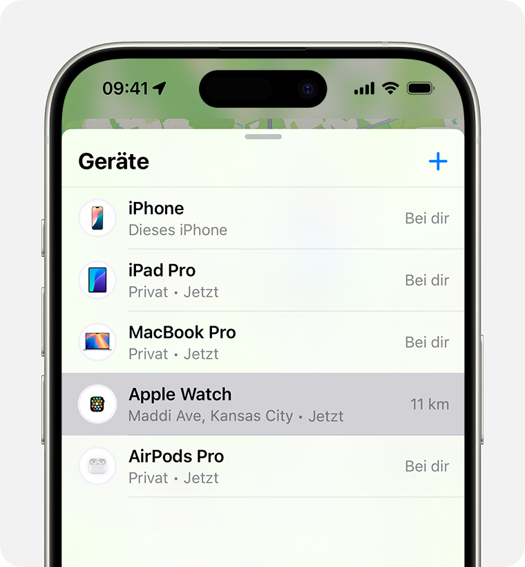 Wähle deine Watch in „Wo ist?“ aus, um den Modus „Verloren“ für deine Apple Watch zu aktivieren.