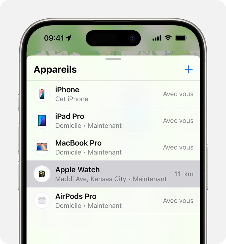 Sélectionnez votre montre dans Localiser pour activer le mode Perdu de votre Apple Watch.