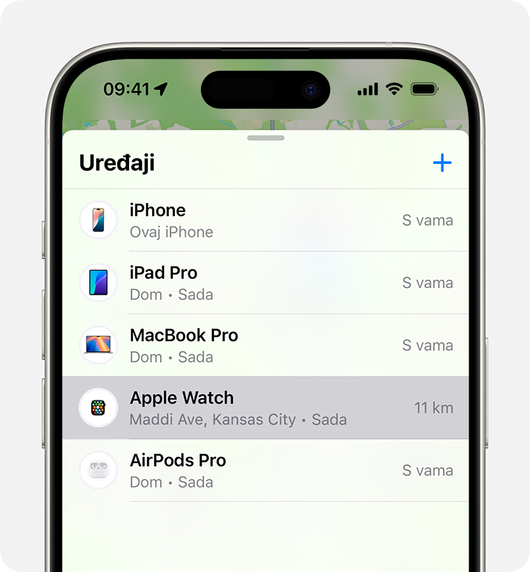 Odaberite svoj sat u aplikaciji Pronalaženje da biste uključili Mod izgubljenog uređaja za svoj Apple Watch.
