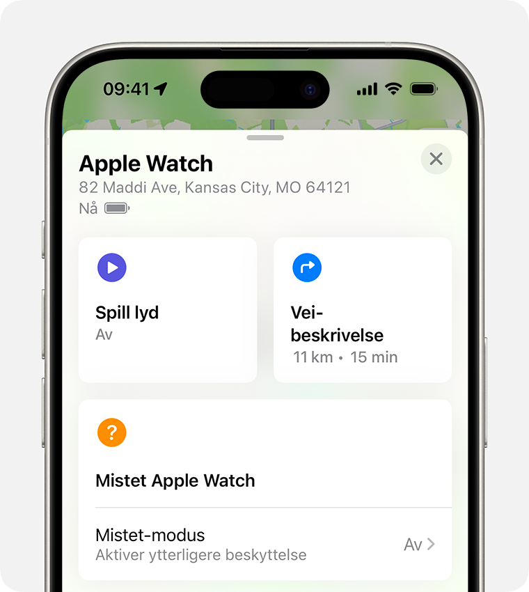 På iPhone slår du på Mistet-modus for Apple Watch.