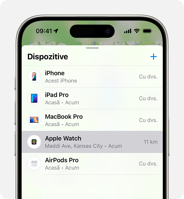 Selectează ceasul tău în Găsire pentru a activa modul Pierdut pentru dispozitivul tău Apple Watch.