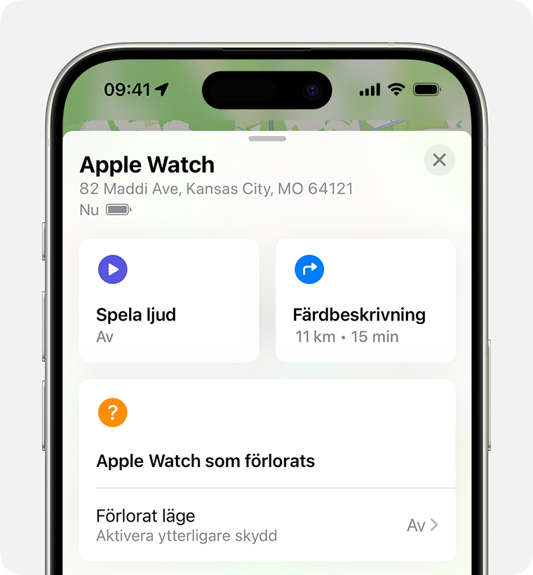 Aktivera förlorat läge för din Apple Watch på iPhone.