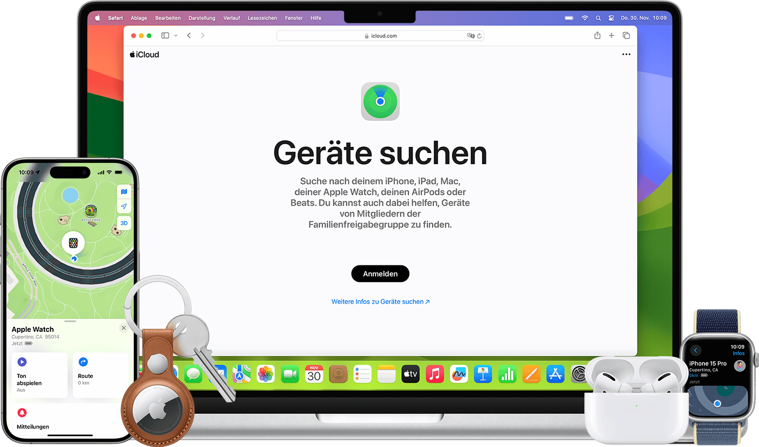Suche mit âWo ist?â oder im Internet nach einem AirTag, iPhone oder anderen Apple-Geräten.
