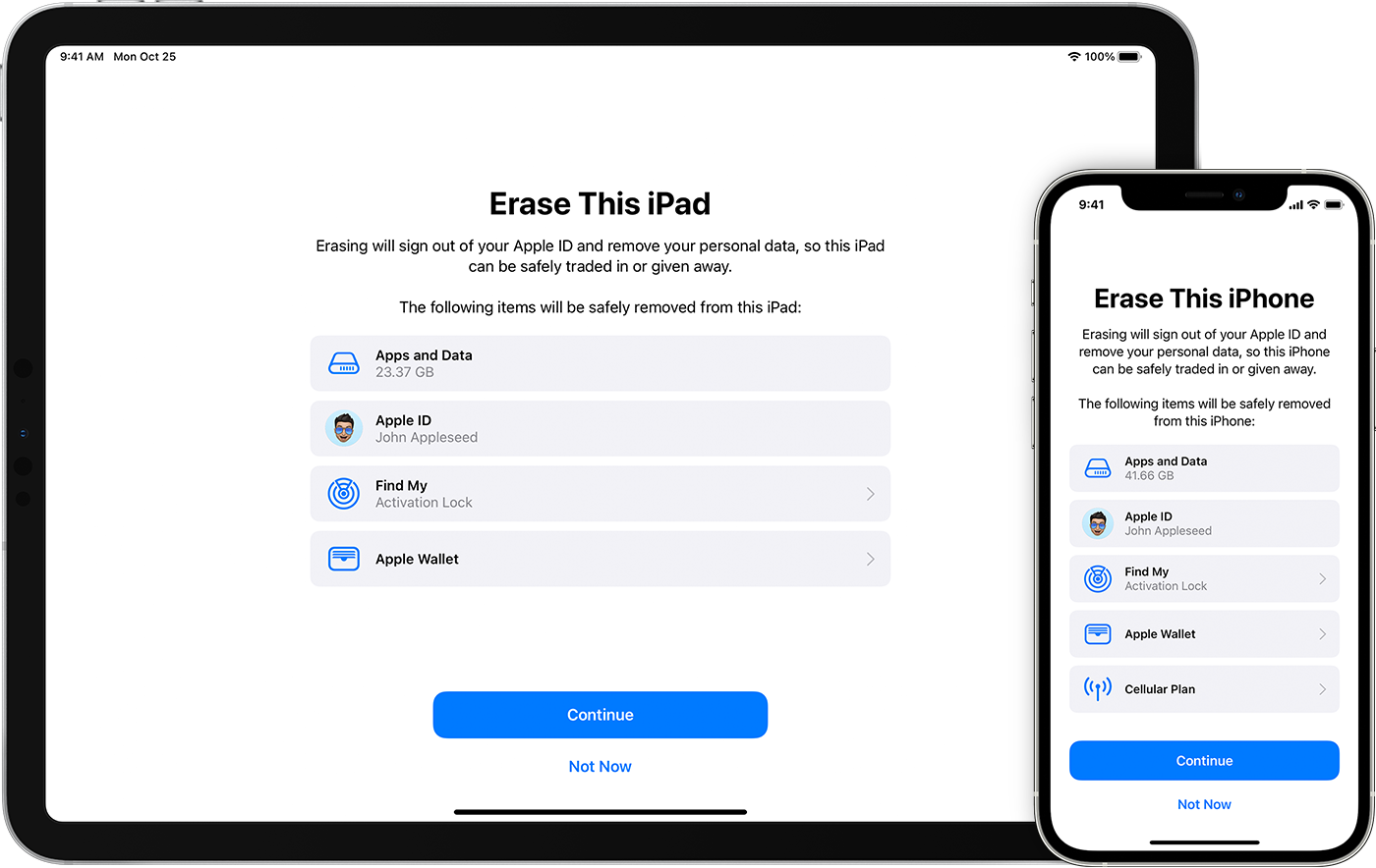 „iPad“ ir „iPhone“, kuriuose rodomi elementai, pašalinami ištrinant įrenginio turinį