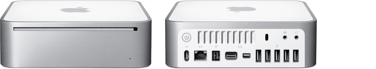 الجانب الأمامي والخلفي لجهاز Mac mini (أواخر 2009).