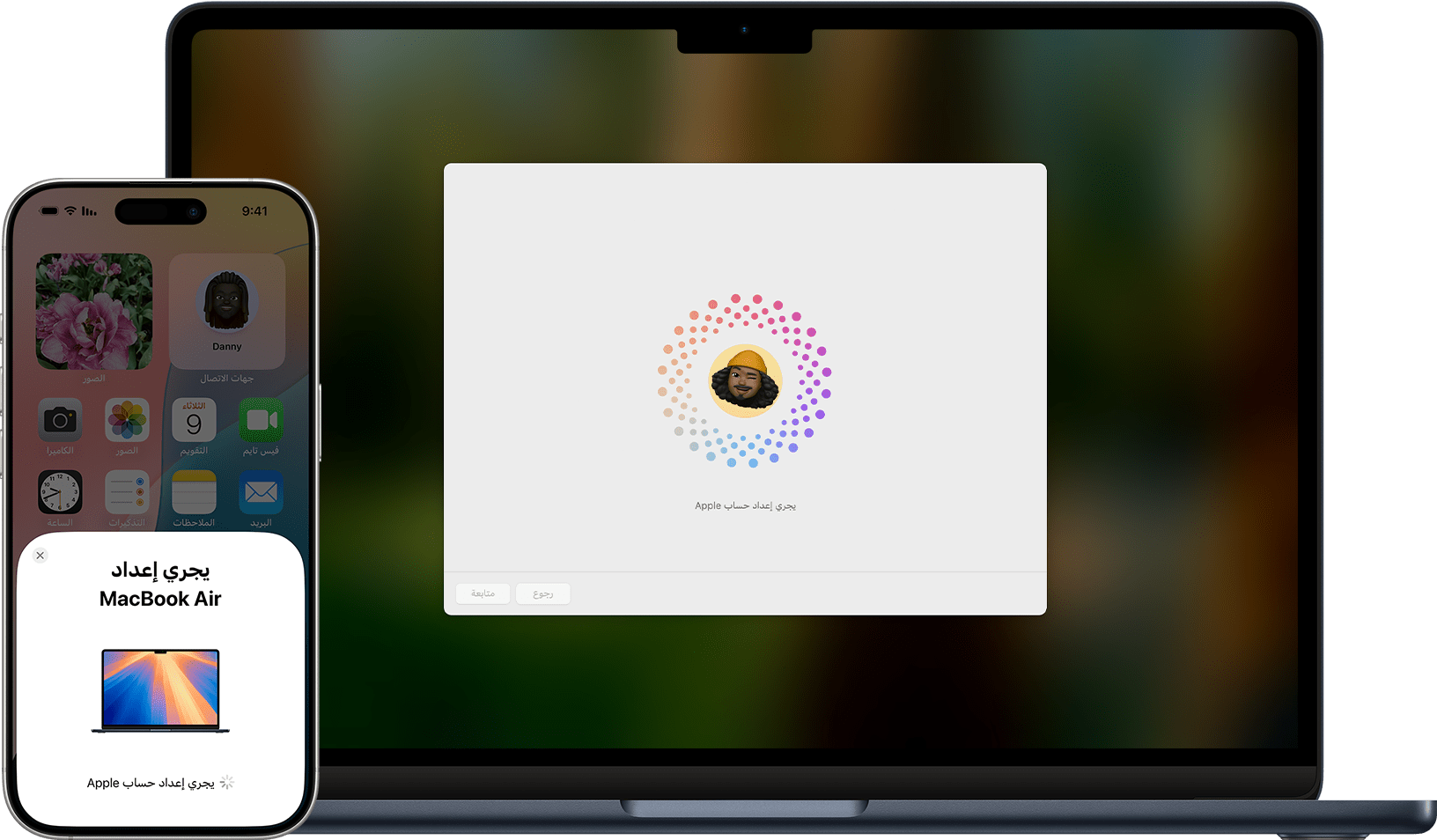 iPhone يقوم بإعداد حساب Apple على MacBook Air جديد.