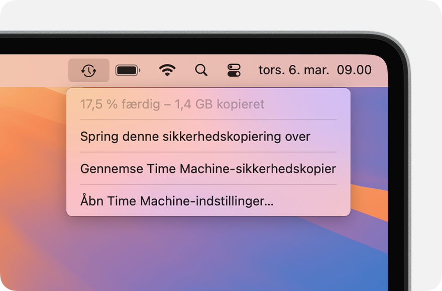 Menuen Time Machine, der viser en igangværende sikkerhedskopiering.