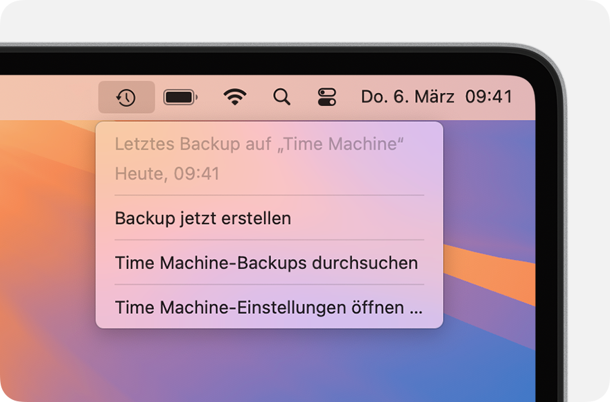 Time Machine-Menü mit Details zum letzten Backup.