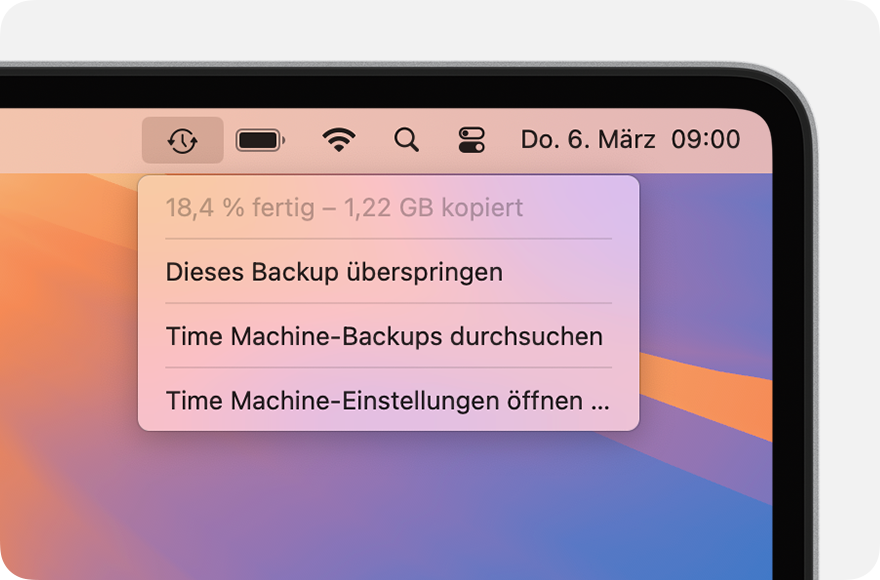 Time Machine-Menü mit laufendem Backup.