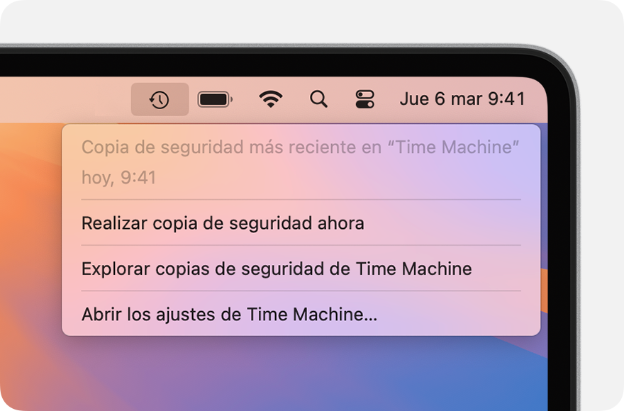 Menú Time Machine que muestra detalles sobre la última copia de seguridad.