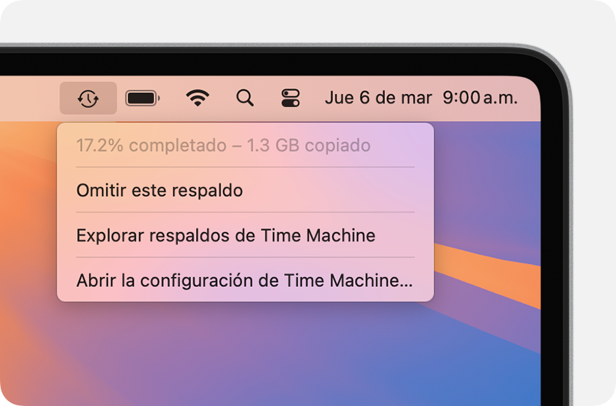 Menú de Time Machine en el que se muestra un respaldo en curso.