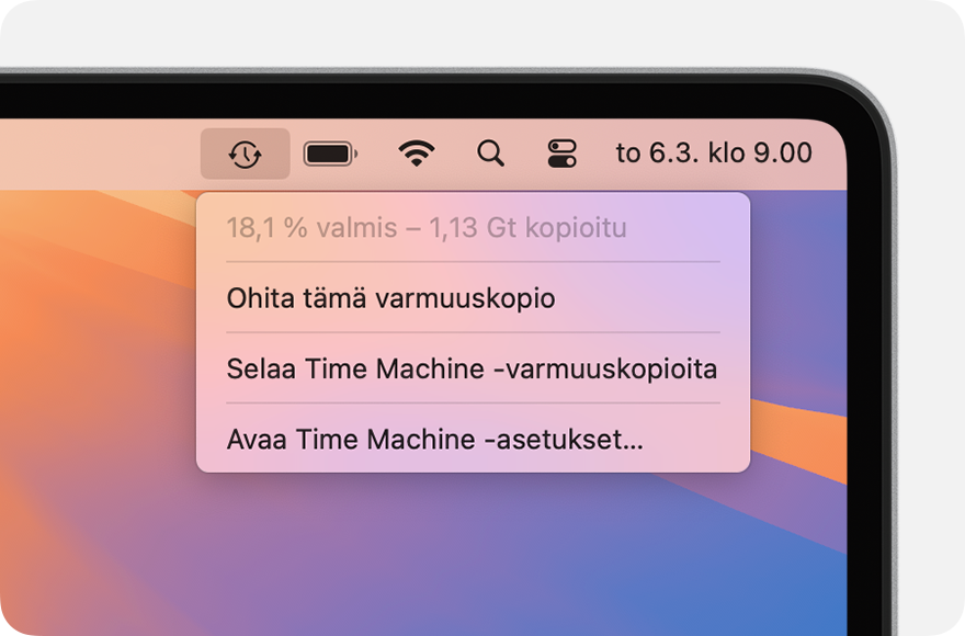 Time Machine -valikko, jossa näkyy käynnissä oleva varmuuskopiointi.
