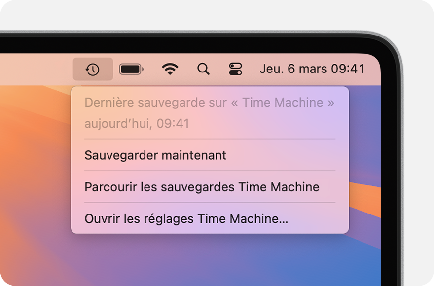 Menu Time Machine affichant les détails de la dernière sauvegarde.
