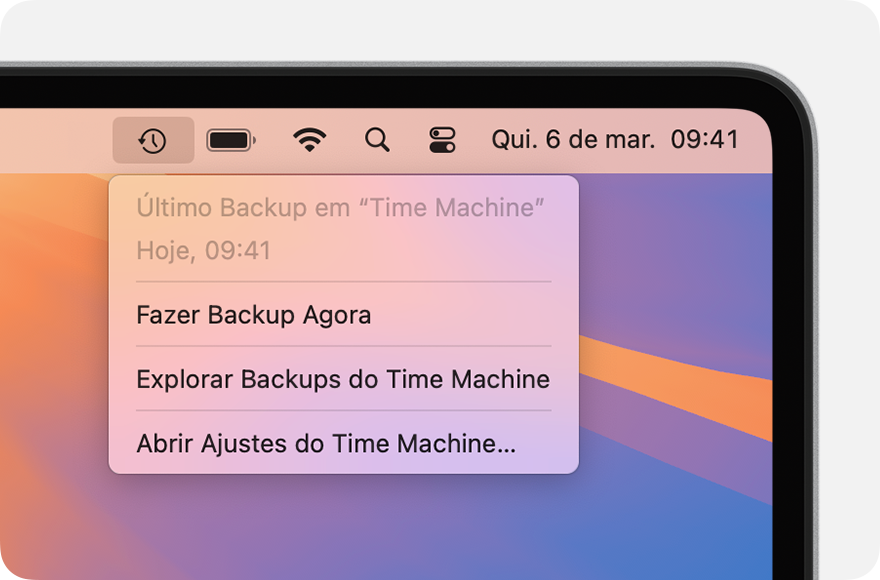 Menu do Time Machine mostrando informações sobre o backup mais recente.