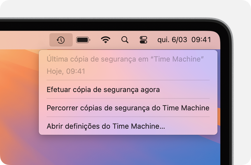 Menu do Time Machine a mostrar detalhes sobre a cópia de segurança mais recente.
