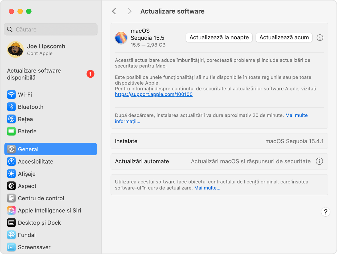 Actualizare software în macOS Sequoia, afișând o actualizare disponibilă.