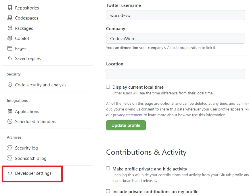 click on the developer settings menu on the profile settings page