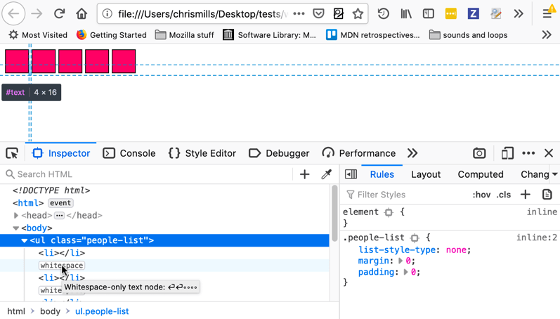 Firefox 開発者ツールの HTML インスペクターでブロック間の空白を表示する例