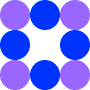 Image carrée contenant huit cercles. Les cercles dans chaque coin sont violet clair. Les quatre cercles sur les côtés sont bleus. La zone au centre, où un neuvième cercle pourrait tenir, est vide.