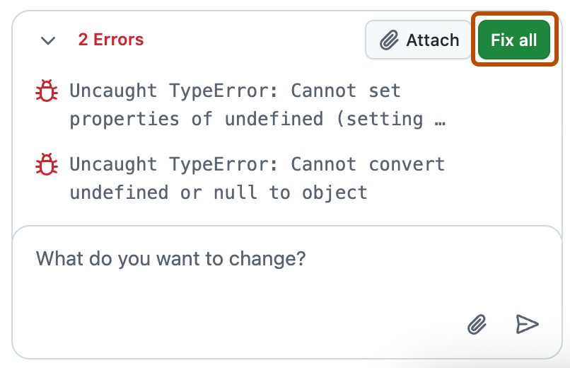Screenshot: Liste mit Fehlern, die von GitHub Spark erkannt wurden. Die Schaltfläche „Fix all“ ist orange umrandet.