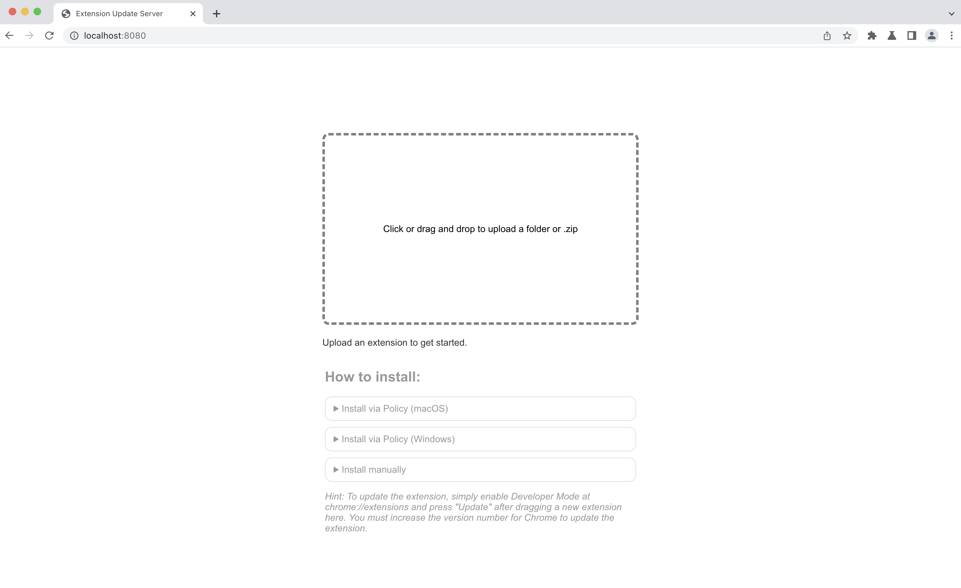 Screenshot of Extension Update Testing Tool