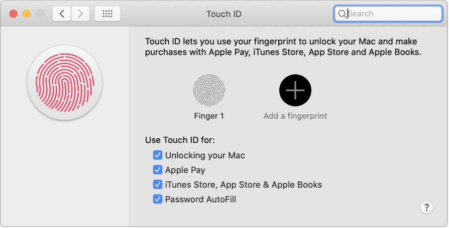 The Touch ID preferences window with options for adding a fingerprint and using Touch ID to unlock your Mac, use Apple Pay, and buy from the iTunes Store, App Store, and Book Store.