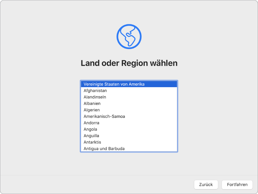 Ein Mac-Bildschirm mit geĂśffnetem Willkommensbildschirm des Systemassistenten