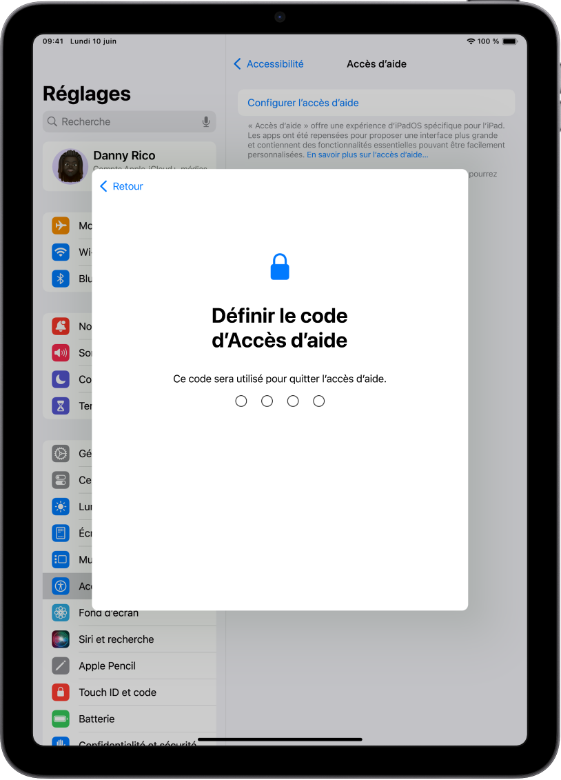 Un iPad prĂ©sentant lâĂ©cran de configuration du code AccĂšs dâaide qui sert Ă activer et Ă quitter la fonctionnalitĂ© AccĂšs dâaide.