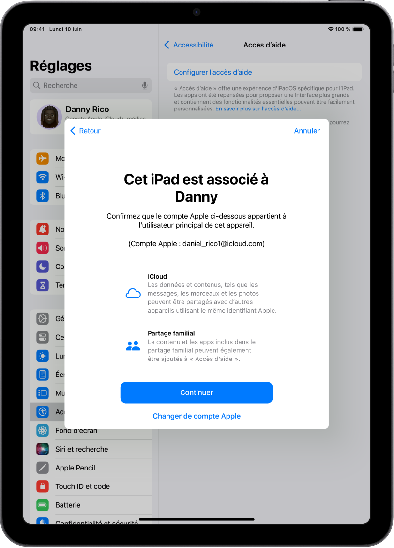 Un iPad affichant le compte Apple associĂ© avec lâappareil et des informations concernant les fonctionnalitĂ©s iCloud et Partage familial qui peuvent ĂȘtre utilisĂ©es avec AccĂšs dâaide.