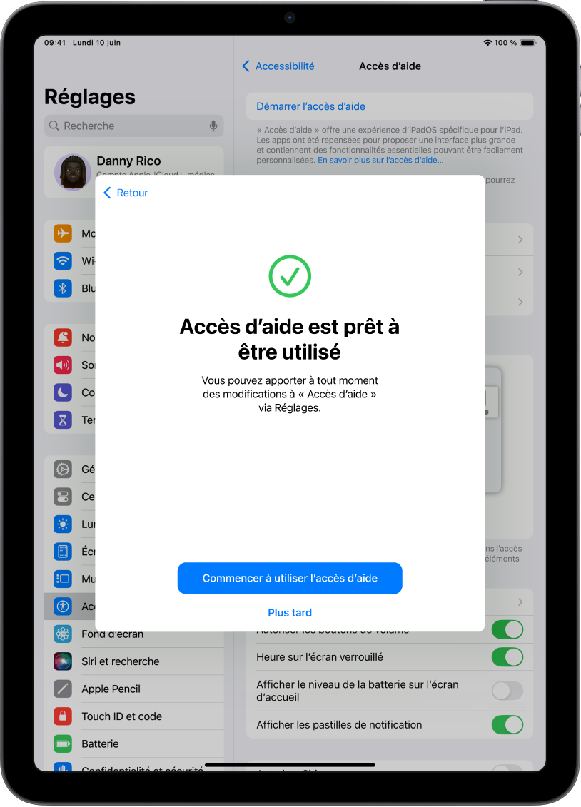 Un iPad montrant quâ« AccĂšs dâaide » est prĂȘt Ă ĂȘtre utilisĂ© avec un bouton en bas pour activer la fonctionnalitĂ© AccĂšs dâaide.