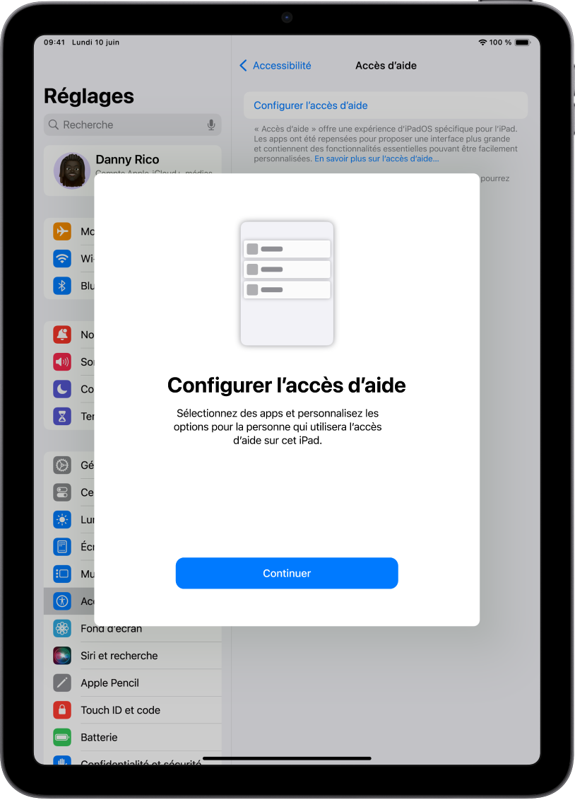 Un iPad affichant lâĂ©cran de configuration dâAccĂšs dâaide avec le bouton Continuer en bas.