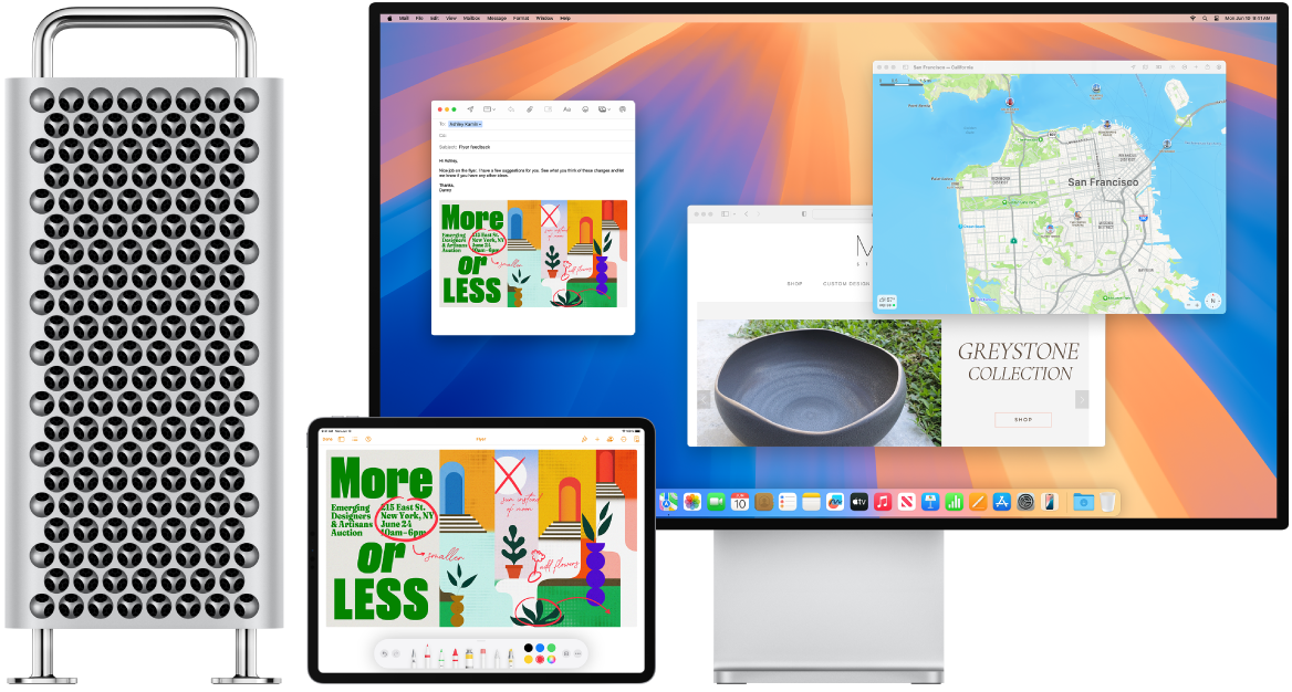 Ein Mac Pro und ein iPad nebeneinander. Auf dem iPad-Bildschirm ist ein Flyer mit Anmerkungen zu sehen. Auf dem Mac Pro-Bildschirm ist eine Mail-Nachricht mit dem markierten Flyer vom iPad als Anhang zu sehen.