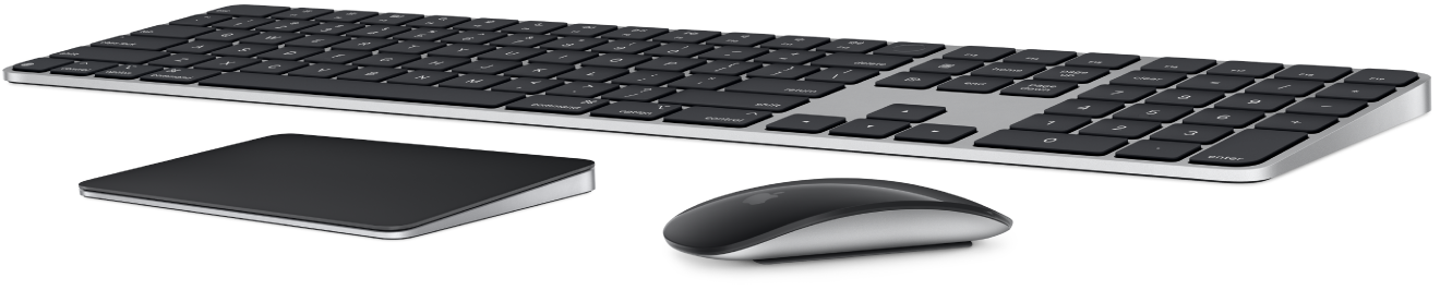 Magic Keyboard mit Touch ID und Ziffernblock, dazu Magic Trackpad und Magic Mouse.