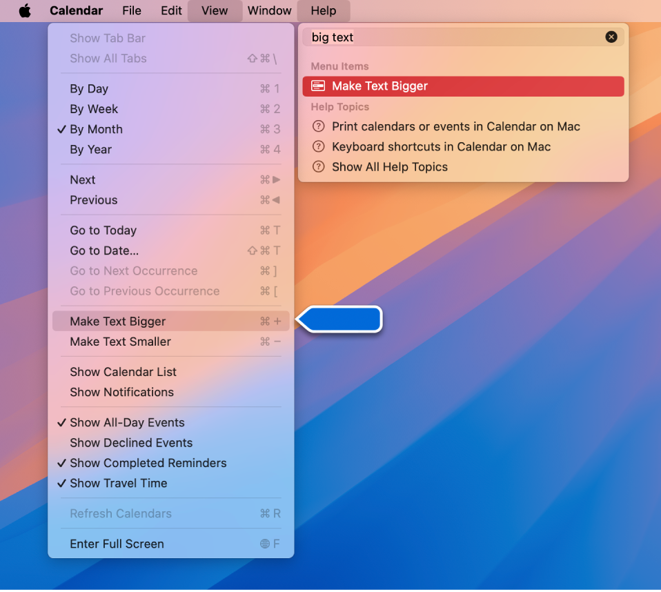 The Help menu showing a search for โlistโ with the Bulleted List command highlighted in the results list and in the Format menu.