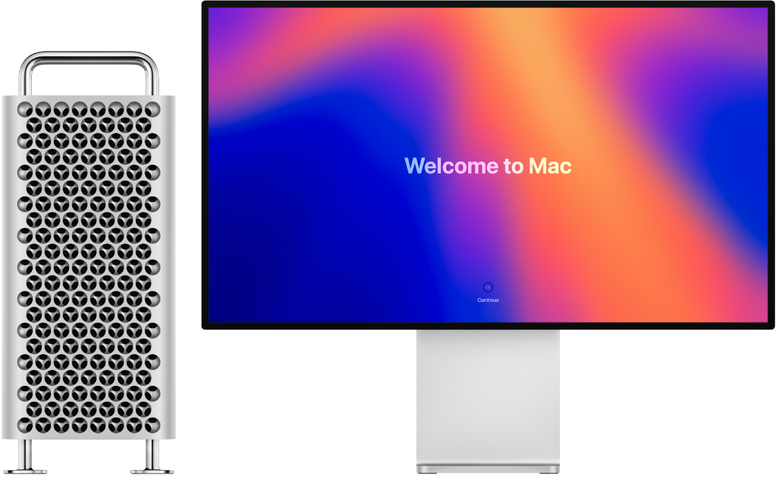 ํ๋ฉด์ โMac ์์ํ๊ธฐโ๊ฐ ํ์๋ ์ฑ ๋๋ํ ๋์ฌ ์๋ Mac Pro ๋ฐ Pro Display XDR.