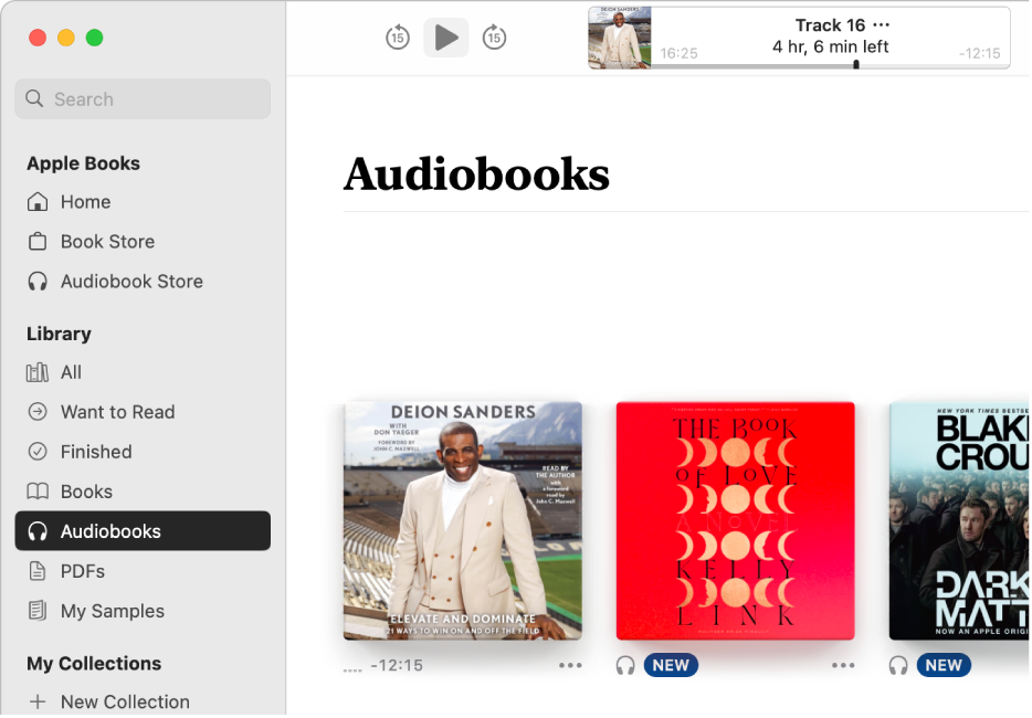 The audiobook player. Along the top are the playerβs controls, a thumbnail of the audiobookβs cover, and the audiobookβs title and author. Below is the Audiobooks collection in the library.