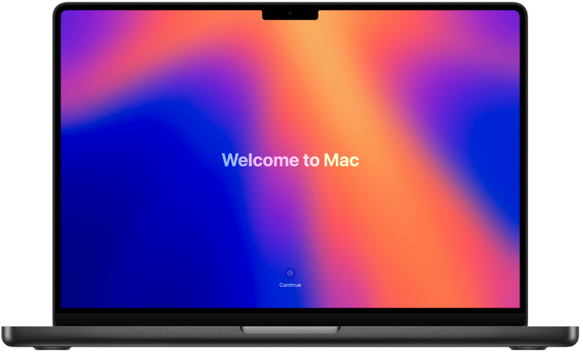 An open MacBook Pro with the word โhelloโ and a button that reads โGet Startedโ on the screen.