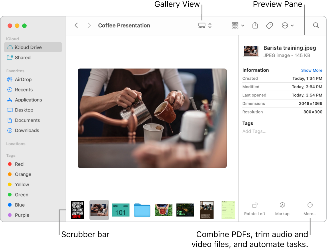 An open Finder window in Gallery View, showing a large photo with a row of smaller photosโthe scrubber barโunder it. Controls for rotating, marking up, and more are to the right of the scrubber bar.