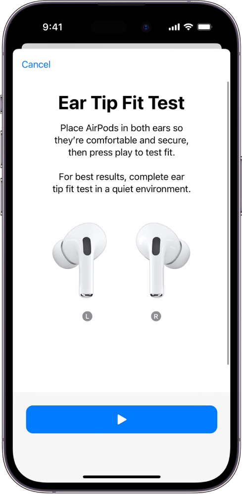 An iPhone screen displaying the Ear Tip Fit Test for AirPods Pro 1.