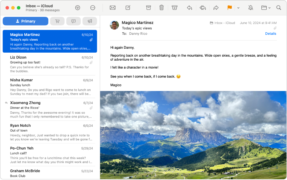 Mail-vinduet med en melding fra Primært-meldingslisten.